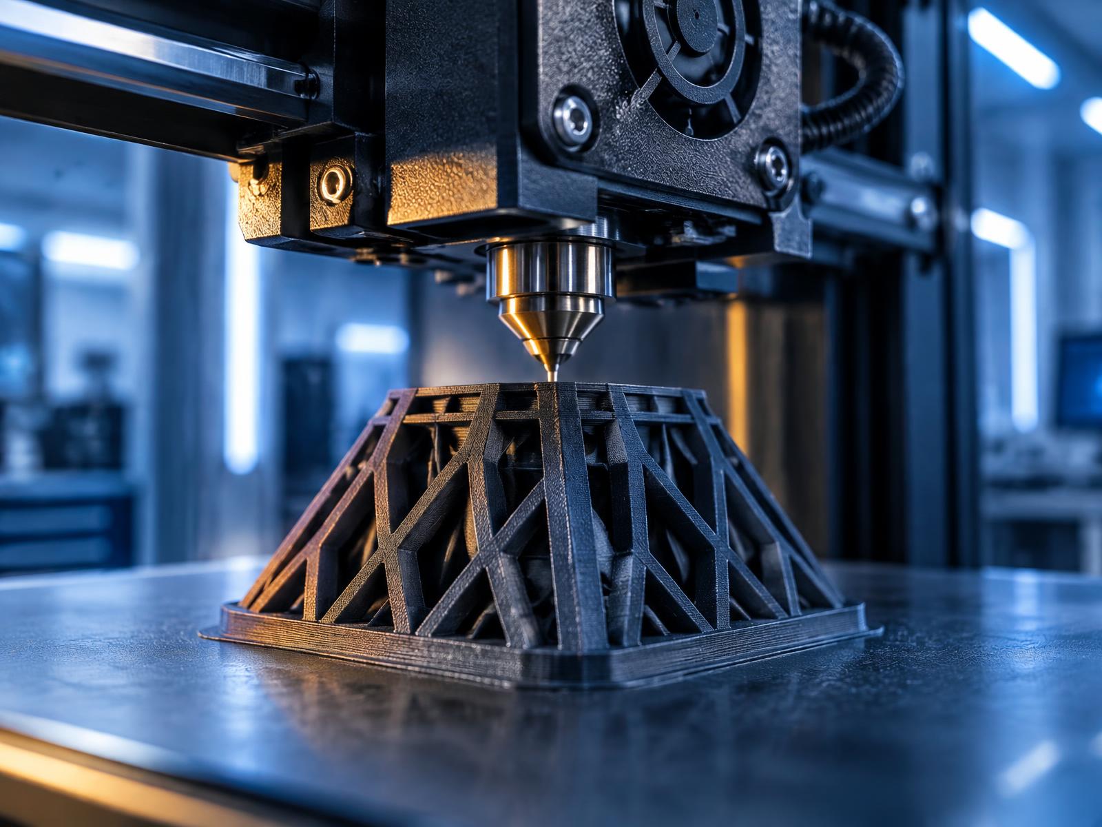 Industrial 3D printer extruding a lattice-structured polymer part on a build plate
