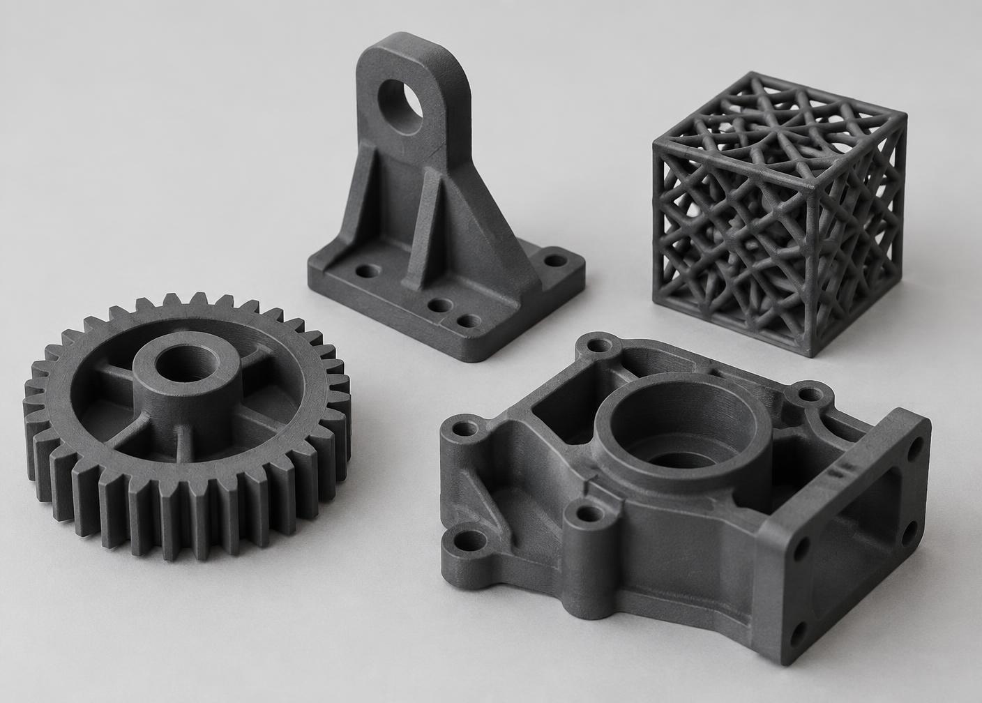 Matte 3D printed polymer parts including a gear, bracket, lattice cube, and prototype housing